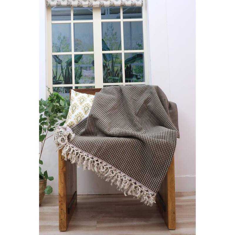 Fabdivine Handmade Check Lines Block-Printed Throw Blanket - Handwoven Cotton with Unique Fringe Knots 90x54