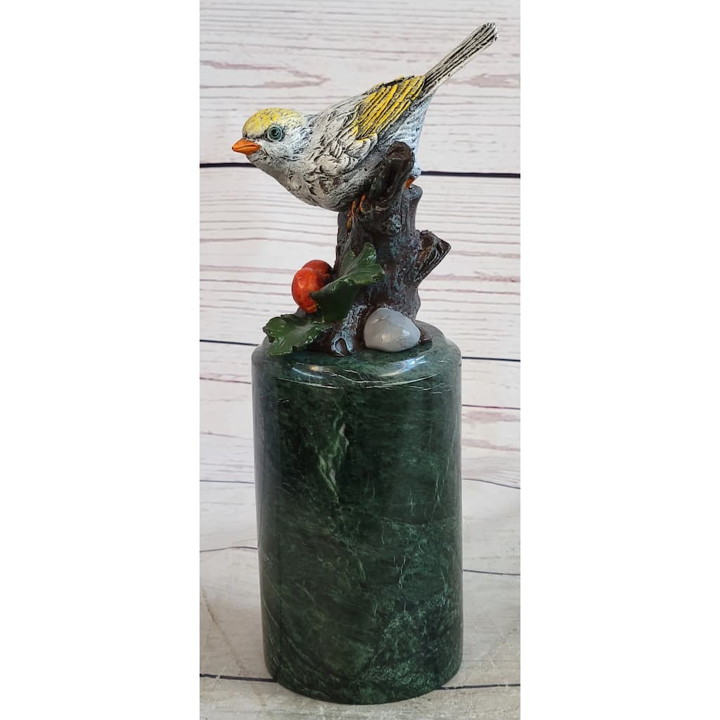 Colorful Finch Goldfinch Song Bird Bronze Metal Sculpture Statue Figure On Marble Base