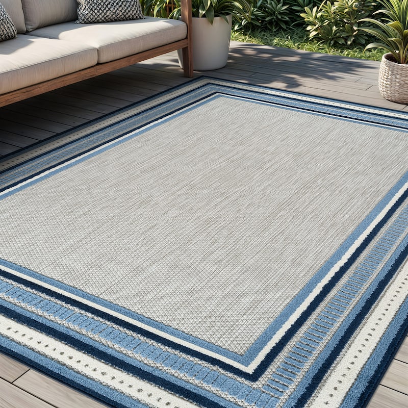 World Rug Gallery Indoor/Outdoor High-Low Textured Area Rug, Coastal Border Easy-Clean Patio Rug
