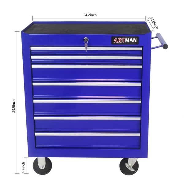 dimension image slide 2 of 6, 7 Drawer Rolling Tool Cart Lockable Steel Tool Chest with Wheels