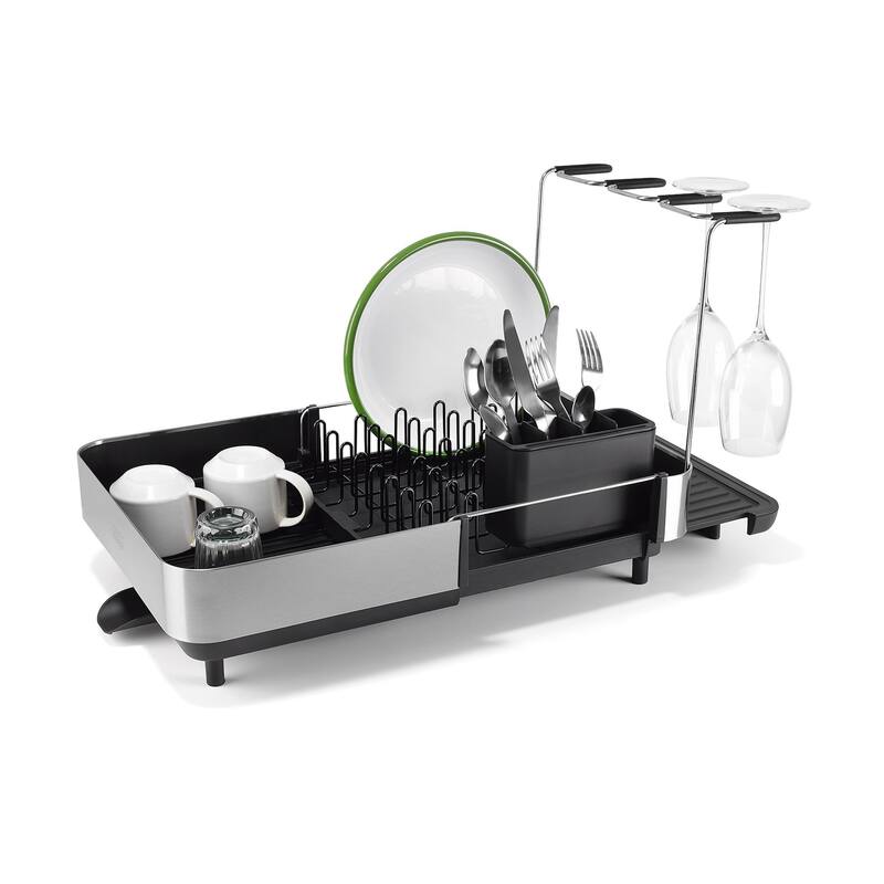 Extend Steel Plus Expandable Dish Rack with Wine Glass Holder - Black