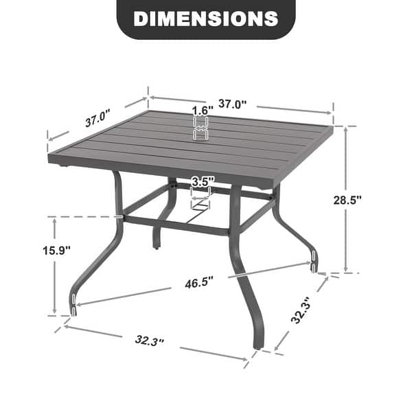 Nuu Garden Outdoor Square 37 Inch Iron Dining Table with 1.57 Inch Umbrella Hole