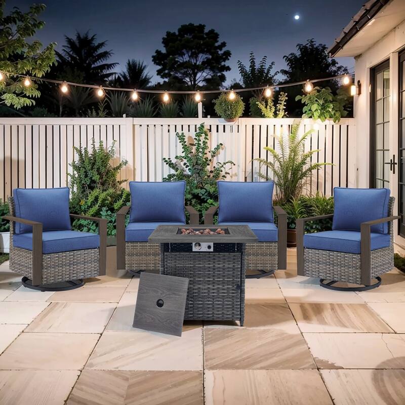 Pocassy Outdoor 30" Fire Pit Table with Sofa Swivel Chair Set - Grey Wicker Blue Cushion - 5-Piece Swivel Chair with Suqare Fire Table