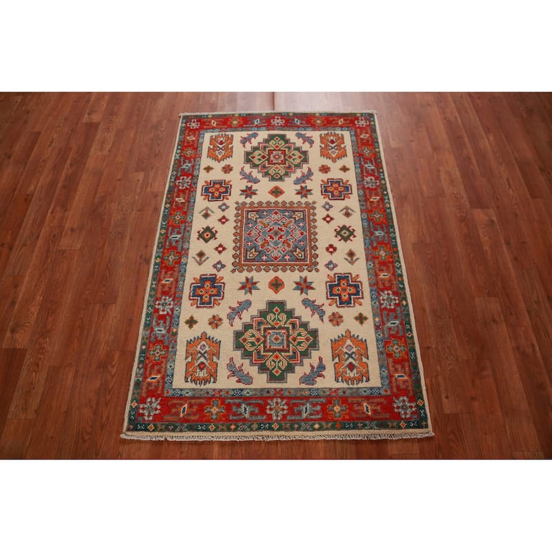 Geometric Kazak Foyer Rug Traditional Beige Handmade Wool Carpet - 2'8"x 4'1"