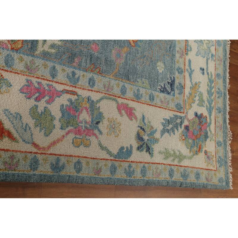 Blue Floral Oushak Oriental Area Rug Handmade Wool Carpet - 8'8"x 12'0"