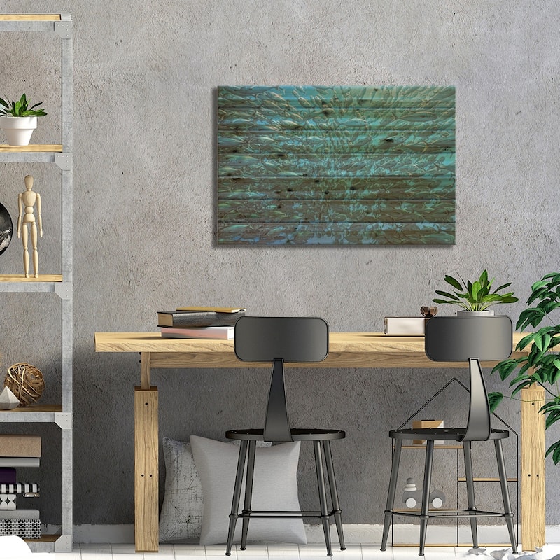 Splitted School Of Jackfish Print On Wood by Henry Jager - Multi-Color