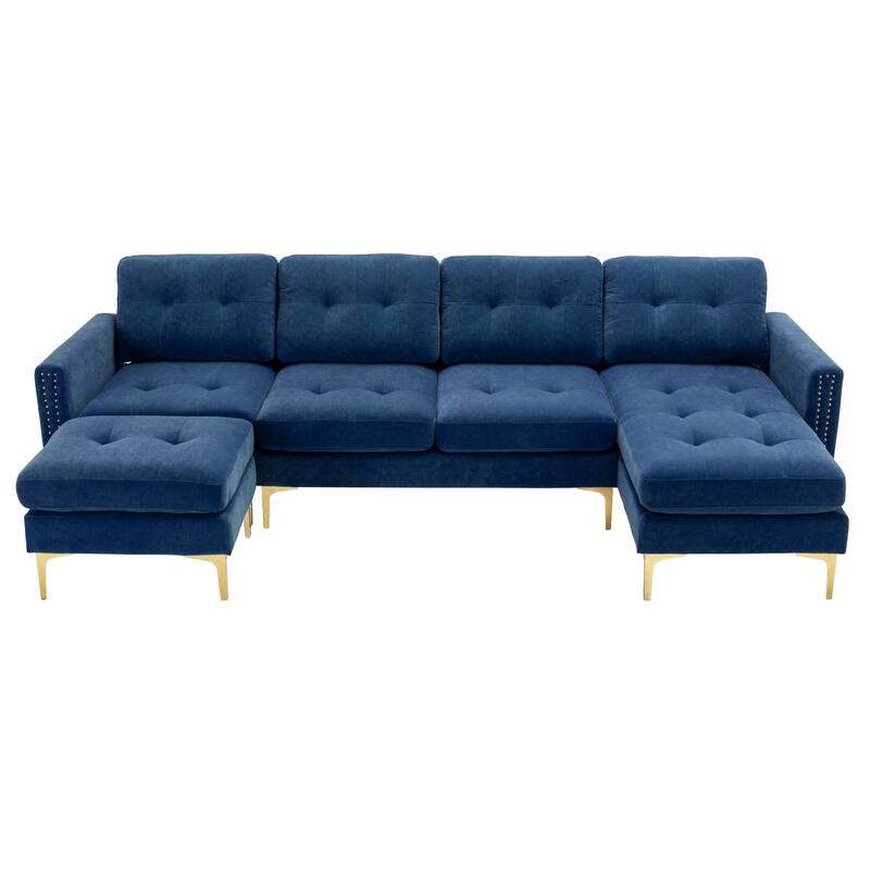 L Shaped Convertible Sectional Sofa with Ottoman, Velvet Fabric 5 Seater Sofa, Upholstered Sofa with Chaise & Storage Pockets