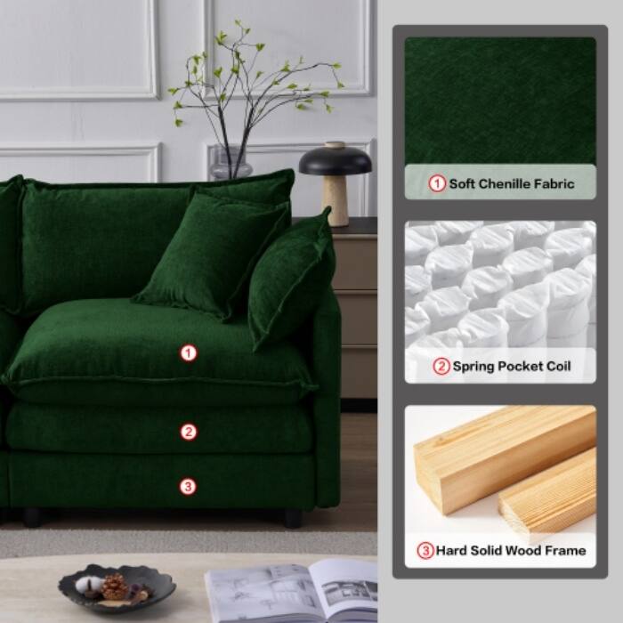 105" Modular Sectional Sofa with Ottoman, Upholstered Chenille Fabric 3-Seater