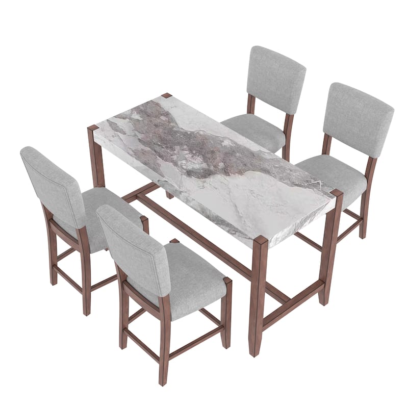 5-Piece Counter Height Dining Table Set with Faux Marble Table and 4 Upholstered-Seat Ergonomic Chairs, Anti-stain Surface