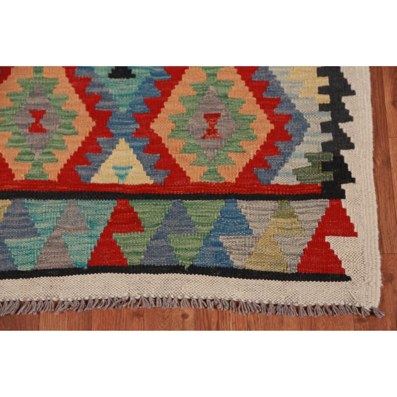 Hand Woven Oriental 100% Wool Carpet Southwestern All-Over Multi-Colored Kilim Runner Rug - 12' 7'' X 2' 8''