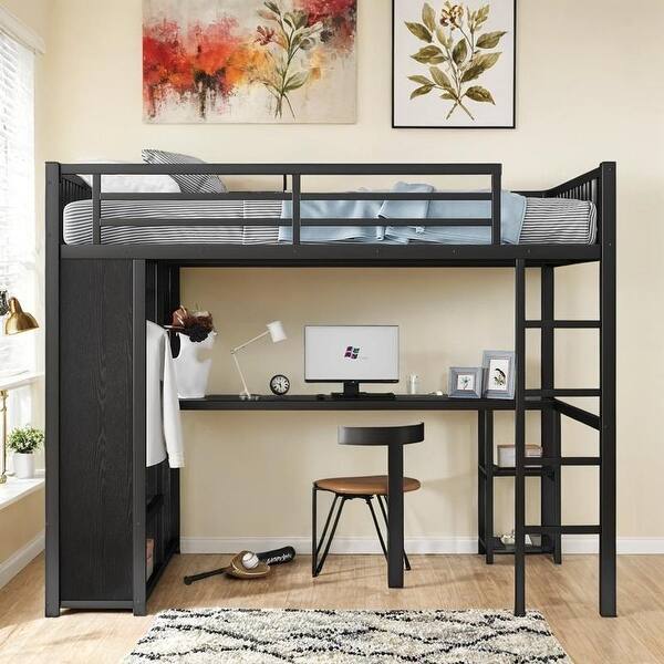 slide 2 of 13, Metal Loft Bed with Desk and Storage Shelves, TwinXL/FullXL/Queen Full