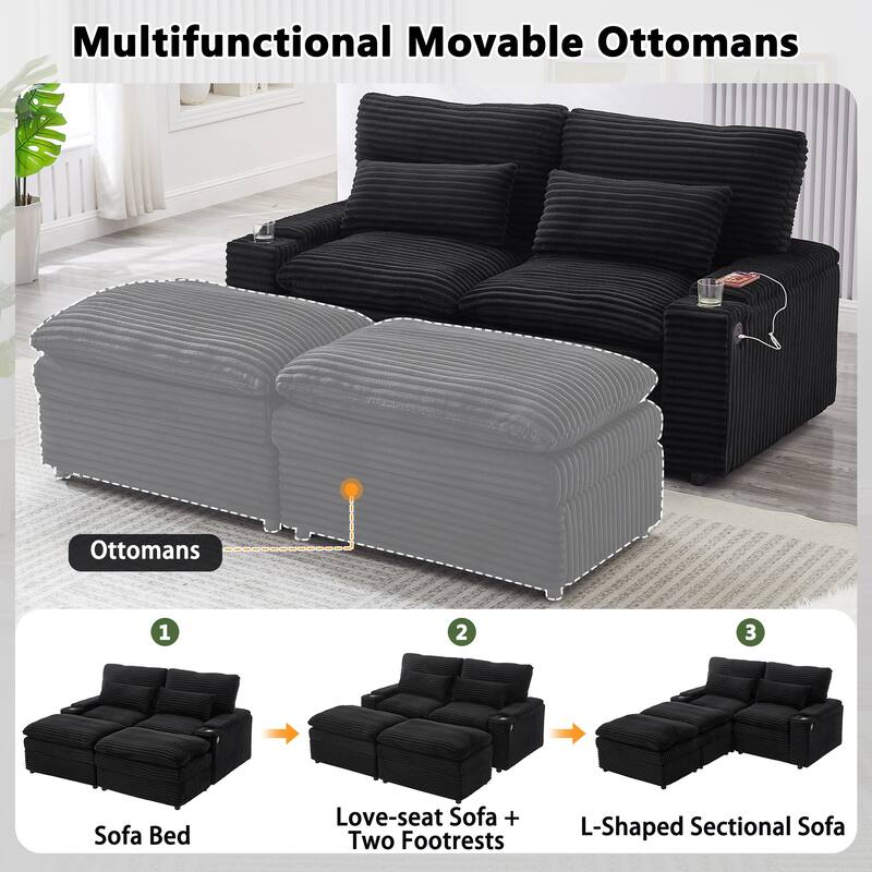 L-Shaped Corduroy Sectional Sofa w/ USB Ports & Cup Holders, 2-seater Sofa Loveseat w/ 2 Ottomans, Convertible Sleeper Sofa Bed