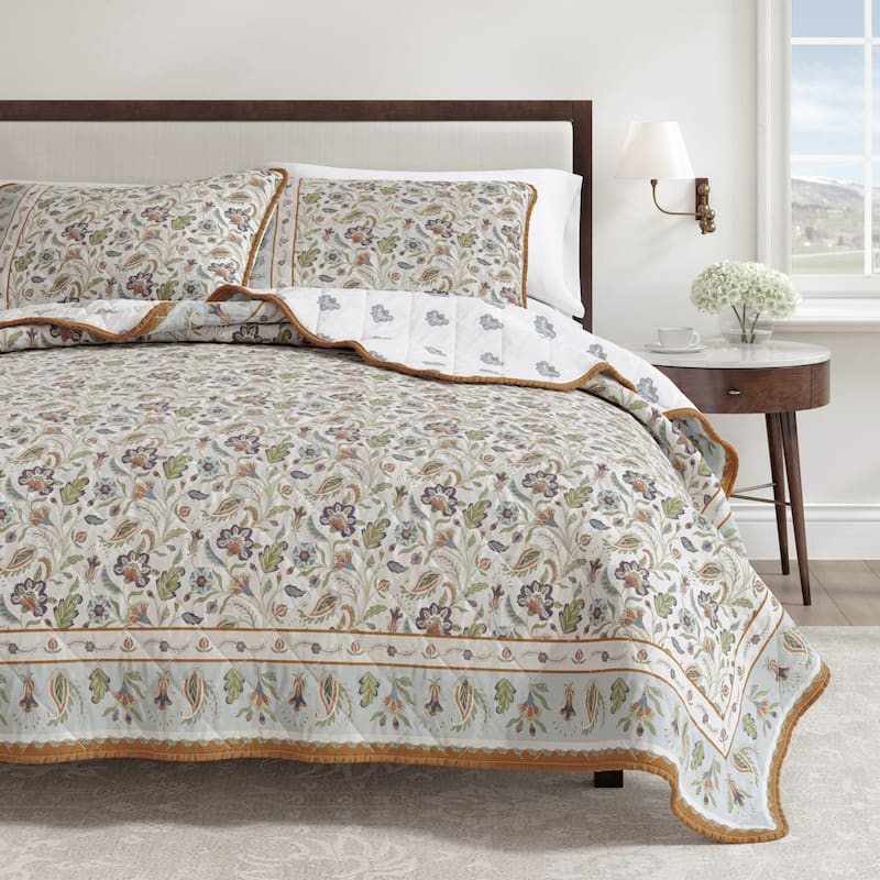 Linery & Co. Boho Floral Cotton Quilt and Sham Set - Regal Garden - Ivory - Twin