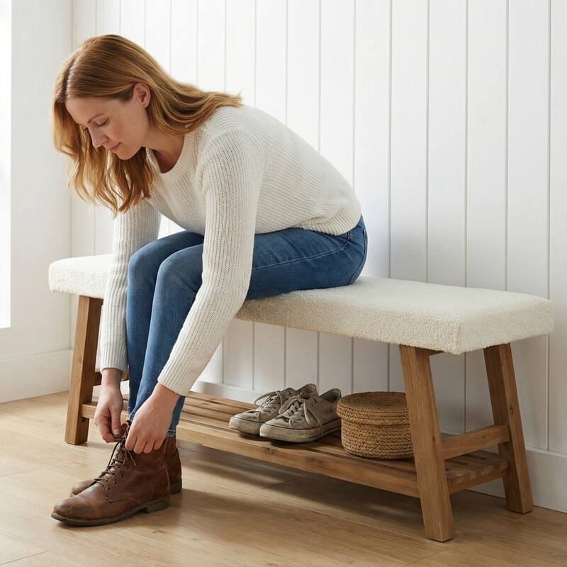 55 Inch Upholstered Entryway Bench with Cushion, Solid Wood Shoe Rack Bench with Shelf for Bedroom, Kitchen, Dining Room