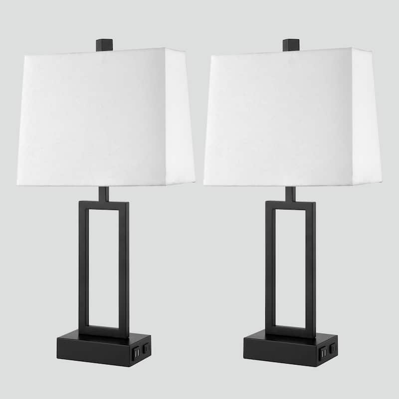Black Metal Table Lamp with Door-frame Style White Shade Dual USB Charging Ports AC Outlet White Shade (Set of 2)