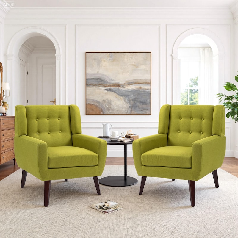 2 Set Modern Tufted Linen Upholstered Accent Chair Faux Leather Armchair