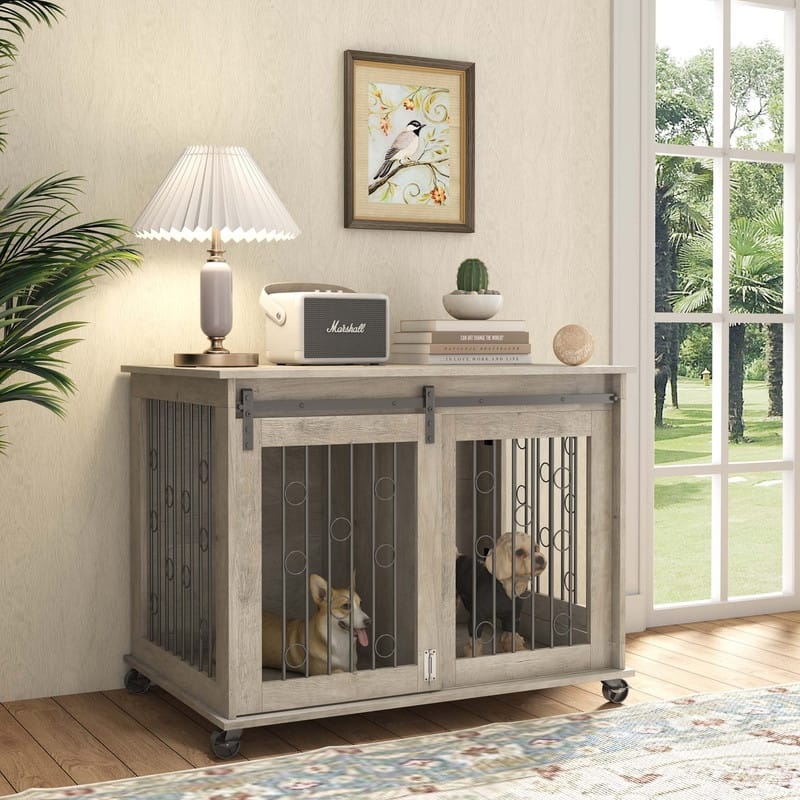 Sliding Barn Door Dog Crate Furniture with Flip-top Plate