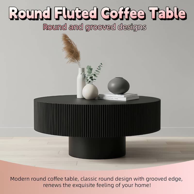 Round Fluted Coffee Table with Sturdy Pedestal, Mid-Century Modern Accent Table for Living Room & Small Spaces