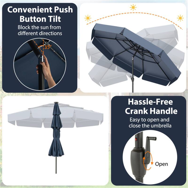 Outdoor 10 ft Umbrella with 3-Tier Venting Solar LED Lights Tilt and Crank for Poolside or Garden