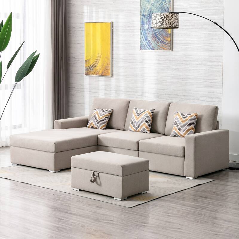 Linen Fabric 4 Piece Reversible Sofa Chaise with Interchangeable Legs, Storage Ottoman, and 3 Pillows in Beige