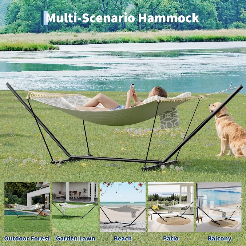 Heavy Duty Portable Double Hammock with Stand for Outdoor Patio, Garden, Beach, Backyard