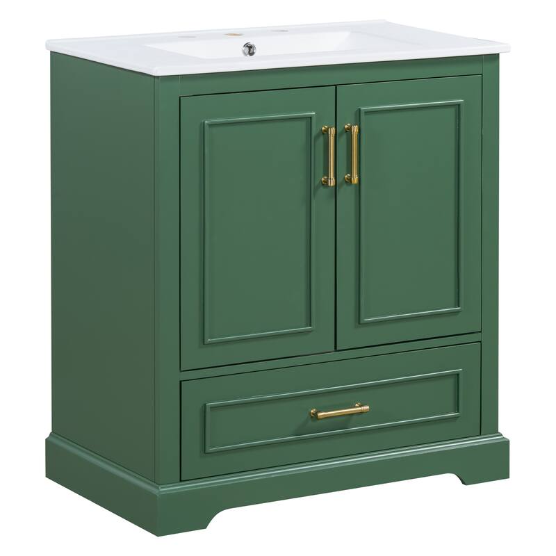 Bathroom Vanity with Ceramic Sink, Freestanding Storage Cabinet with Double Shelf, 1 Divider Drawer & 2 Soft-close Doors