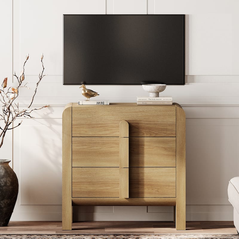 WAMPAT 31.5 Inches Curved Dresser TV Stand, Mid Century Modern Entertainment Center, Wooden TV Console With Storage - Walnut