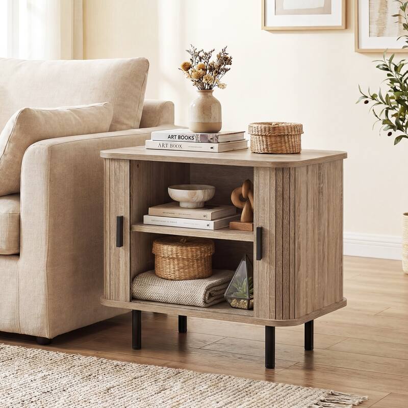 Gymax 2PCS End Table Mid Century Nightstand w/Sliding Tambour Doors &