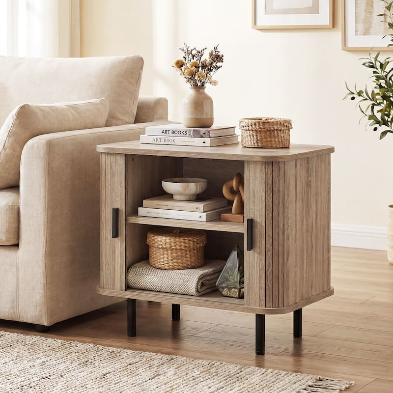 Gymax End Table Modern Mid Century Nightstand w/Sliding Tambour Doors