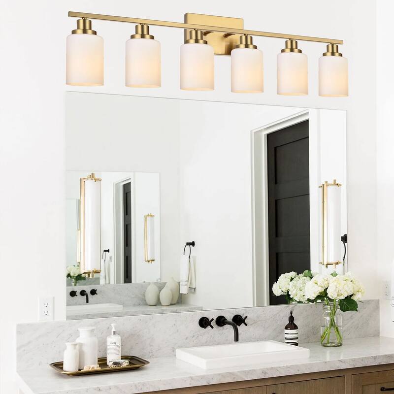 6-Light Bathroom Light Fixtures Brushed Brass 6-Light Bathroom Vanity Light, Bathroom Lights Over Mirror with Milky Glass Shade