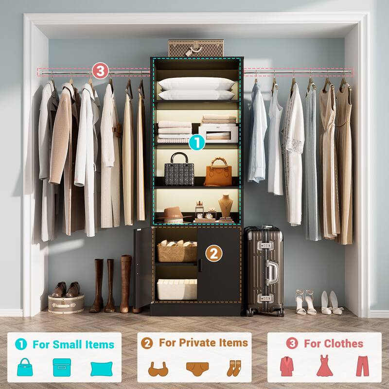 Rackcog 25'' - 104'' W Closet Organizer with Expandable Hanging Rods, Cabinet, Adjustable Shelves
