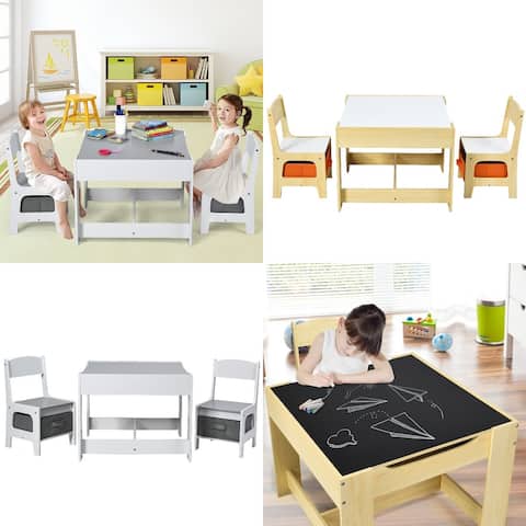 Costway Kids Table Chairs Set With Storage Boxes Blackboard Whiteboard