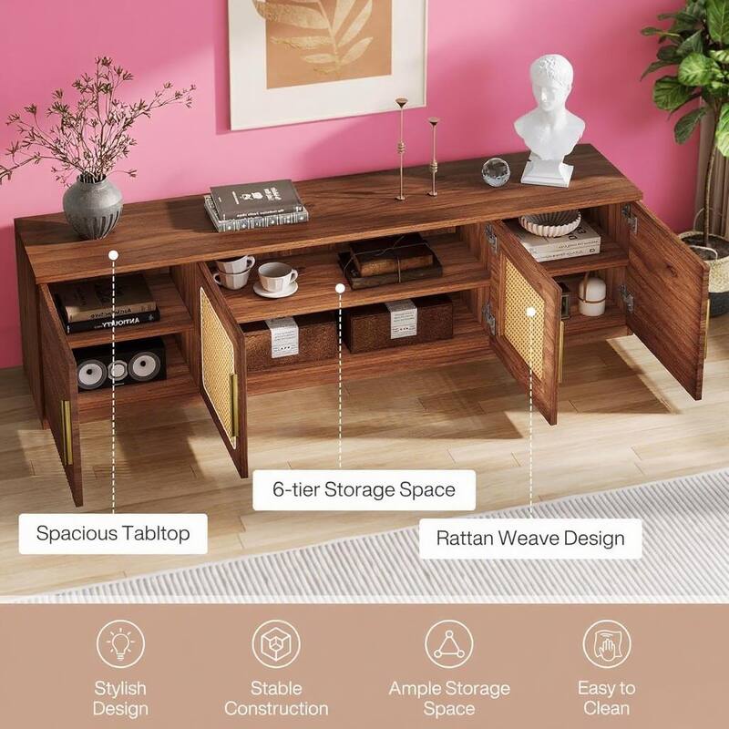 Mid Century Modern TV Stand Walnut Wood Grain with Rattan Weave Six Shelves and Golden Metal Handles - 70.87" x 13.98" x 17.91"