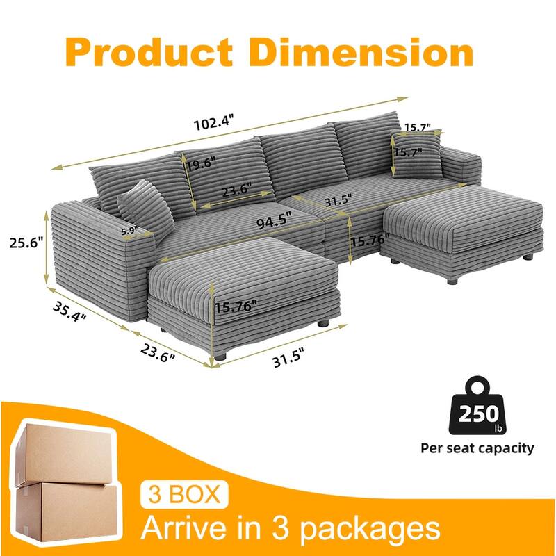 102" Modular Cloud Sectional Couch with 2 Ottoman, Pillows Modern Upholstered Sofa, Convertible Corduroy Couches for Living Room