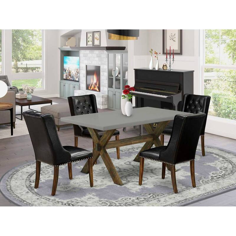 HomeStock 5-Piece Distressed Jacobean Finish Solid Wood Top Dining Table with 4 Parson Chair