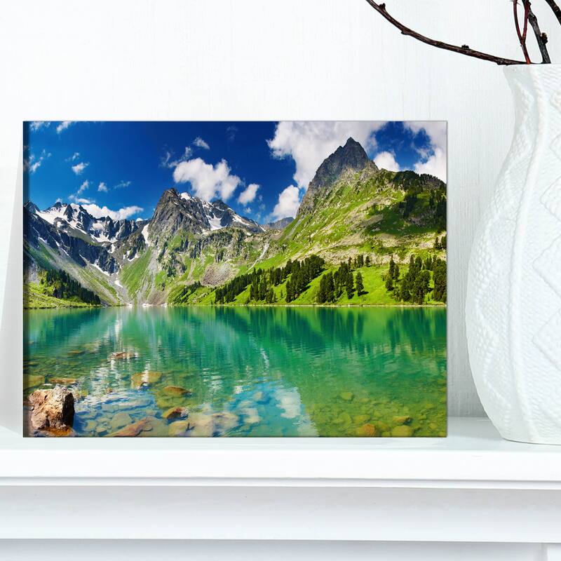 Designart - Bright Day Mountain Lake Photography Canvas Art Print - 12 in. wide x 8 in. high
