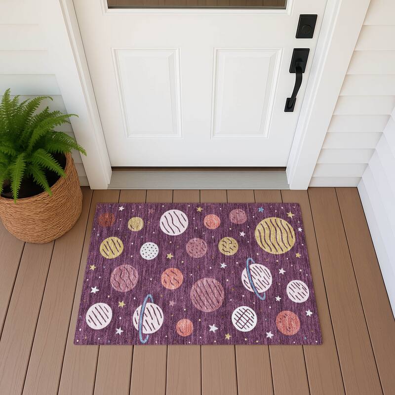 Machine Washable Indoor/ Outdoor Modern Planets Chantille Rug - Eggplant - 1'8" x 2'6"
