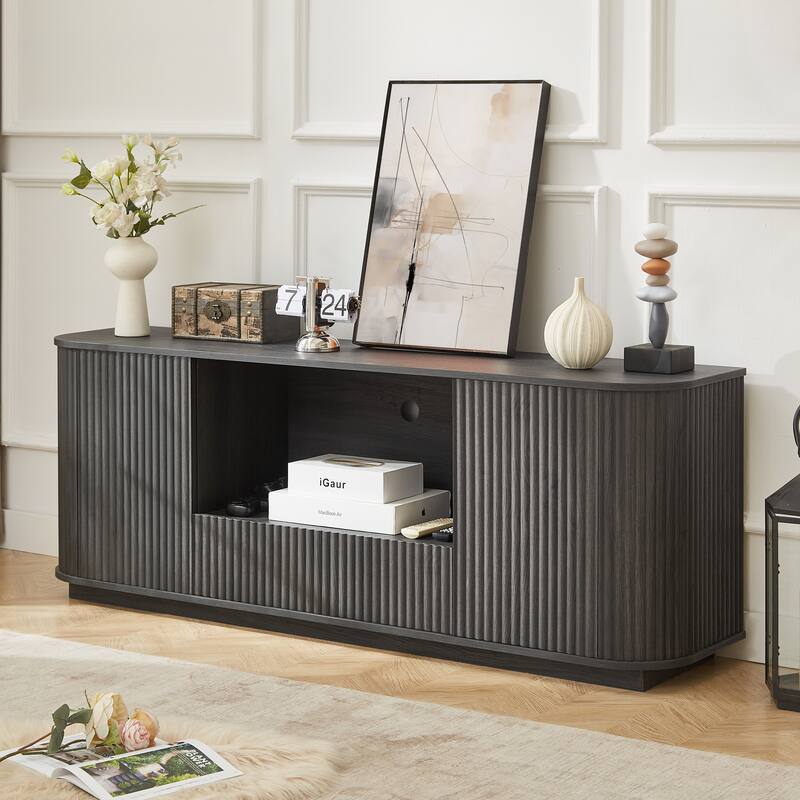 64" Modern Wavy TV Stand with Storage, Sideboard Buffet Cabinet w/ Vertical Stripe Doors, Media Console for Living Room,Entryway