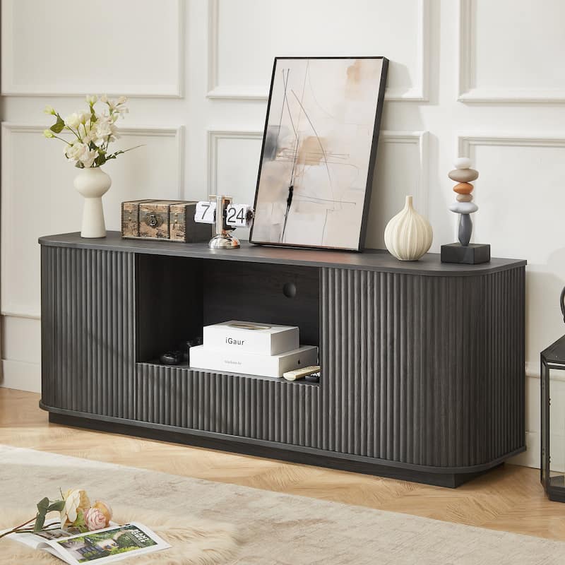 Mid-Century Modern Sideboard Storage Cabinet TV Stand with Drawer & Shelves, 64-Inch Wooden Wavy TV Cabinet with Open Storage