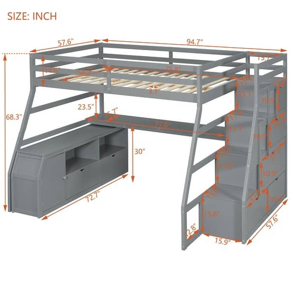 dimension image slide 1 of 3, Full Size Loft Bed with 7-Drawers, 2-Shelves, Desk, and Playhouse Design - Sturdy Pine Wood Frame with Grey Finish for Kids
