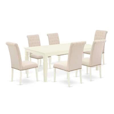 7Pc Dinette Set - Rectangular Kitchen Table with Leaf & 6 Parson Chairs - Linen White & Beige - 84