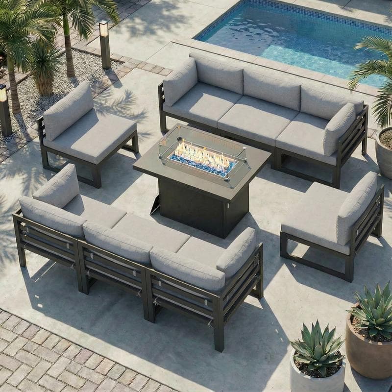 9-Piece Aluminum Outdoor Furniture Set With Fire Pit Table Propane/Natural Gas 60,000 BTU, Extra Large Aluminum Patio Sectional - Gray Frame - Light Gray
