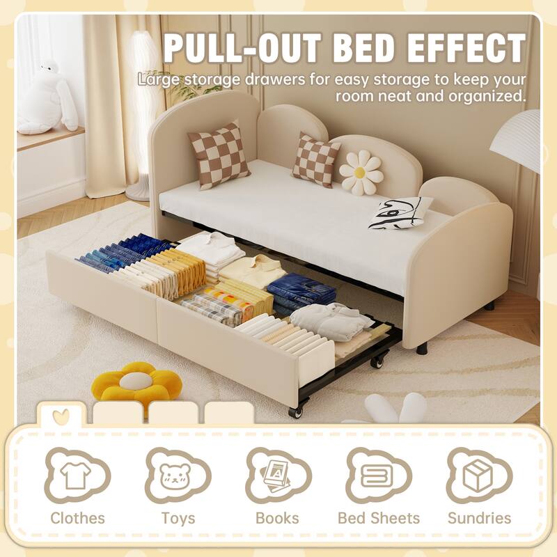 Roomfitters Velvet Upholstered Twin Daybed with Pull-Out Trundle, Modern Sofa Bed Frame for Bedroom or Living Room