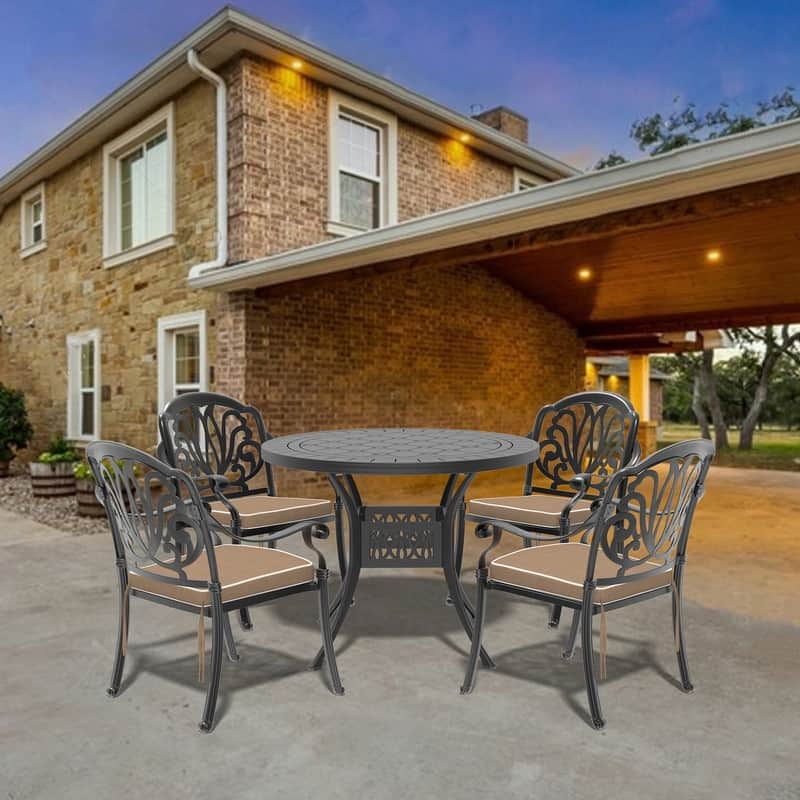 5-Piece Cast Aluminum Outdoor Dining Set with 39.37 in. Round Table and Seat Cushions