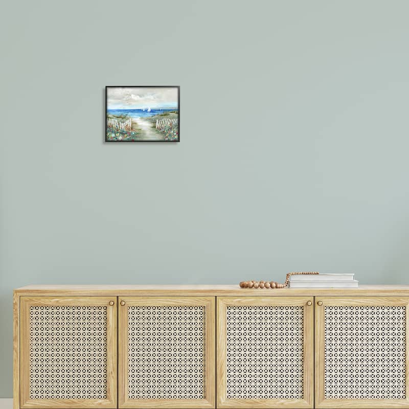Stupell Tranquil Beachside Flower Meadow Ocean Sailboats Scene Framed Wall Art, Design by Nan