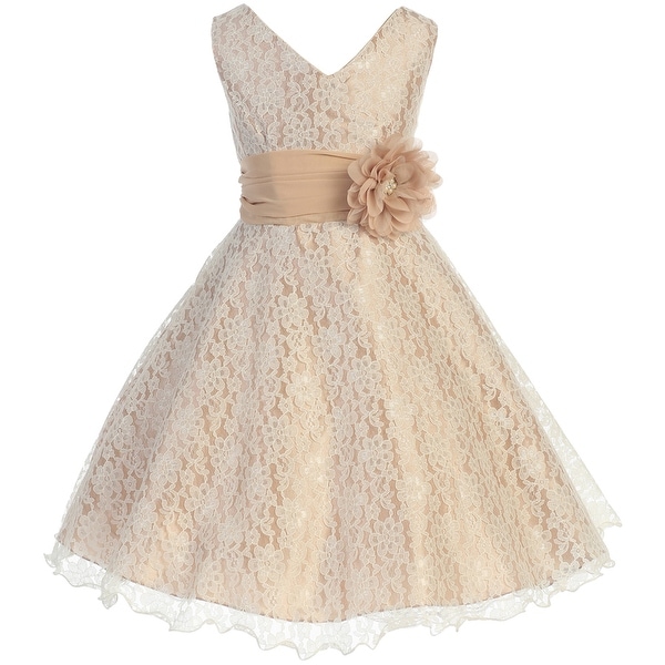 Flower Girl Dress V-Neck Overlay Chiffon Belt & Flower Taupe JK 3620