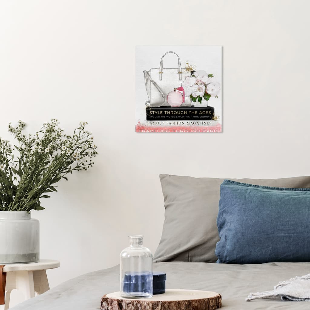 Wynwood Studio Fashion and Glam White Purse White Flowers and Essentials White and Glam Wall Art Canvas Print