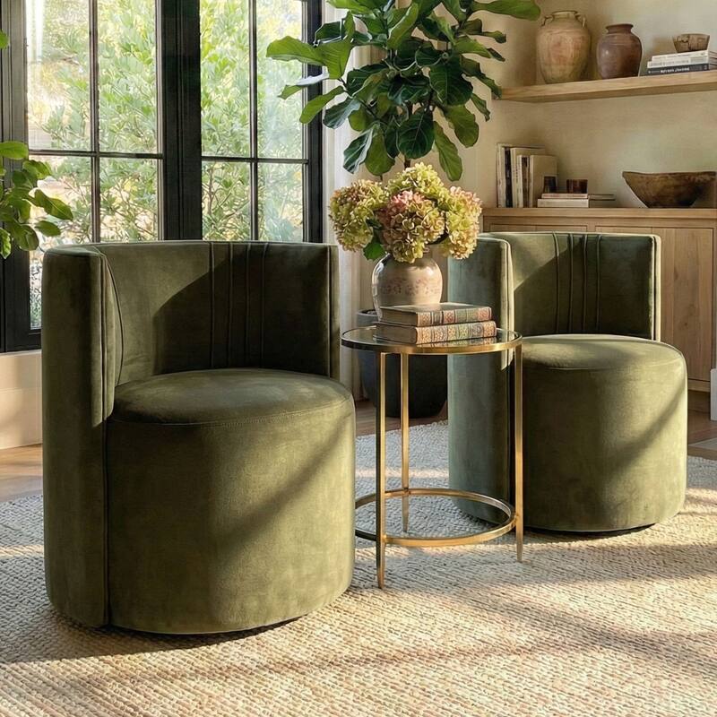 Velvet Swivel Rolling Accent Chairs with Casters - Olive-2-piece
