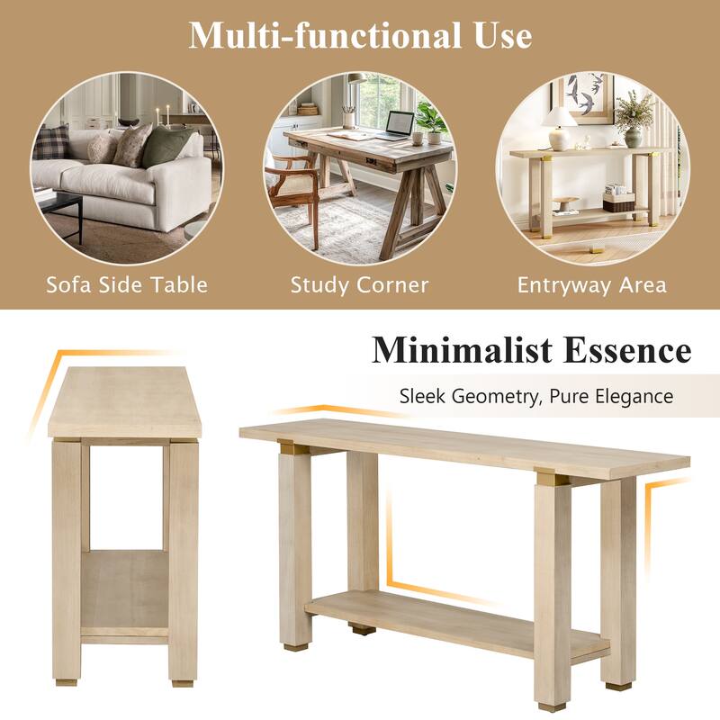 Modern Minimalist Console Table, Wooden Entryway Side Table with Metal Accents, Sofa Table with Built-in Storage Shelf