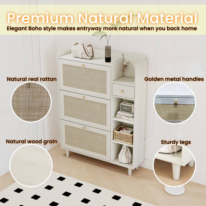 Boho-Inspired Shoe Organizer Rack Cabinet with 3 Rattan Flip Storage Drawers, 3 Shelves, and Hooks for Hallway, Entryway